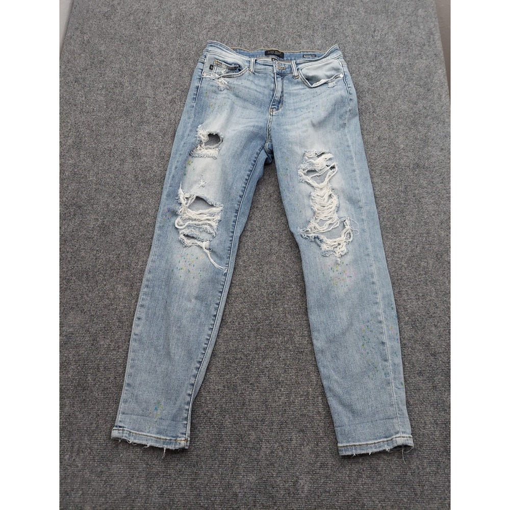 Judy Blue Jeans Womens‎ 9/29 Blue Boyfriend Fit Paint Splatter Distressed Denim